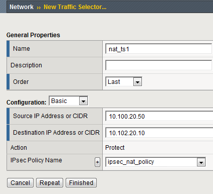 Example of completed Traffic Selector screen