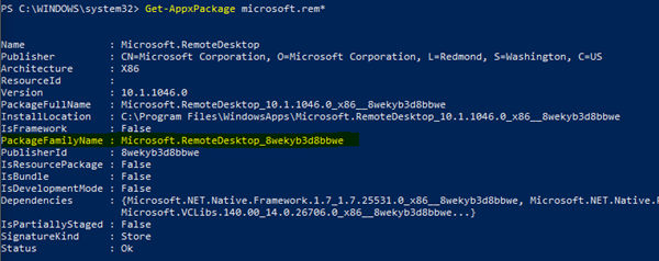 Example of a PowerShell command to get package family name