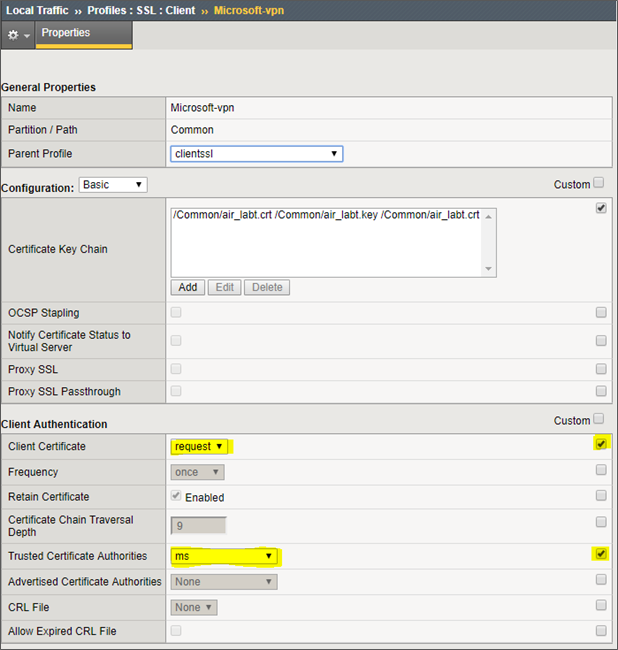 Client certificate enabled in client SSL profile