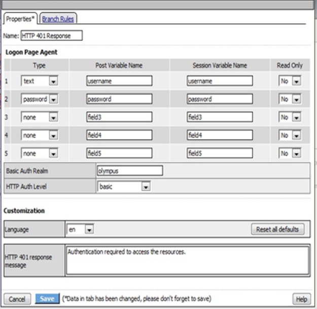 Example properties for an HTTP 401 response action
