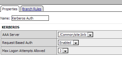 Example properties for a Kerberos Auth action on the Negotiate branch