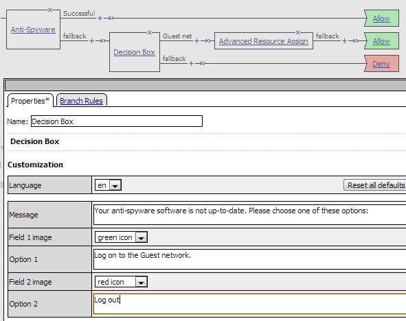 Configuring a decision box to appear after a failed endpoint security check (with decision box detail)