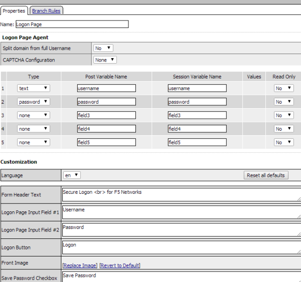 Logon Page customization of fields, language, and text in the visual policy editor (partial view)