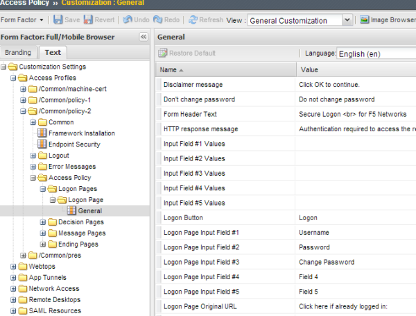 Logon Page customization of language and text in the General Customization view