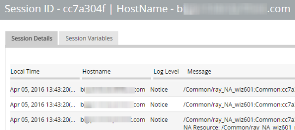 Session details popup screen (with addresses and host names blurred)
