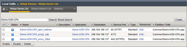 Virtual server list for Horizon