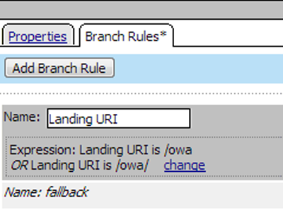 Changing the Landing URI branch rule value from /uri1 to /owa