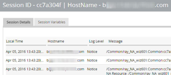 Session details report displays local time, hostname, log level, message, and a Session Variables tab.