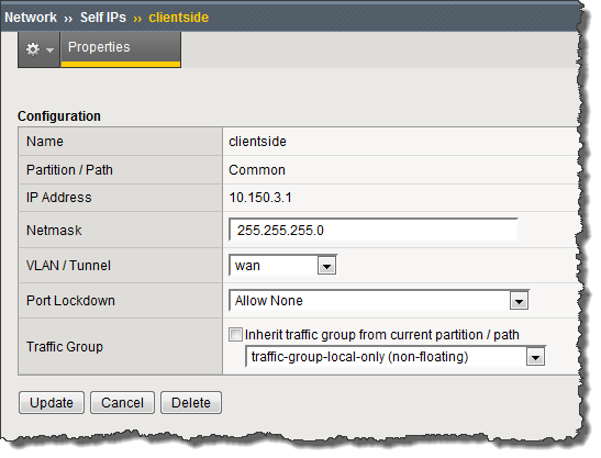 Example of the Properties screen for the self IP address you created