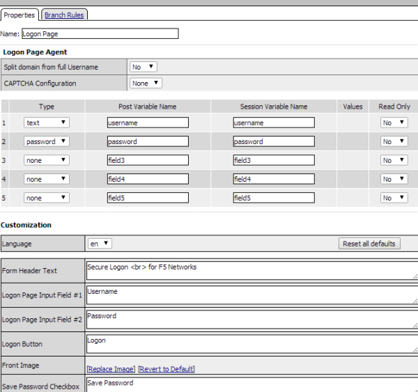 Logon page properties in visual policy editor