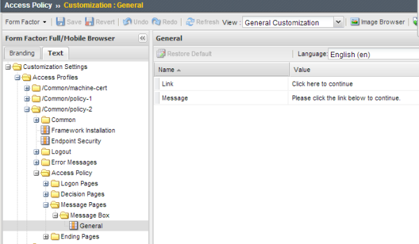 General customization view, Text tab, open to Message Box General settings