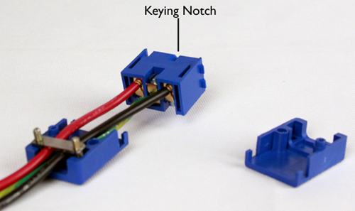 Wired terminal block and location of the keying notch